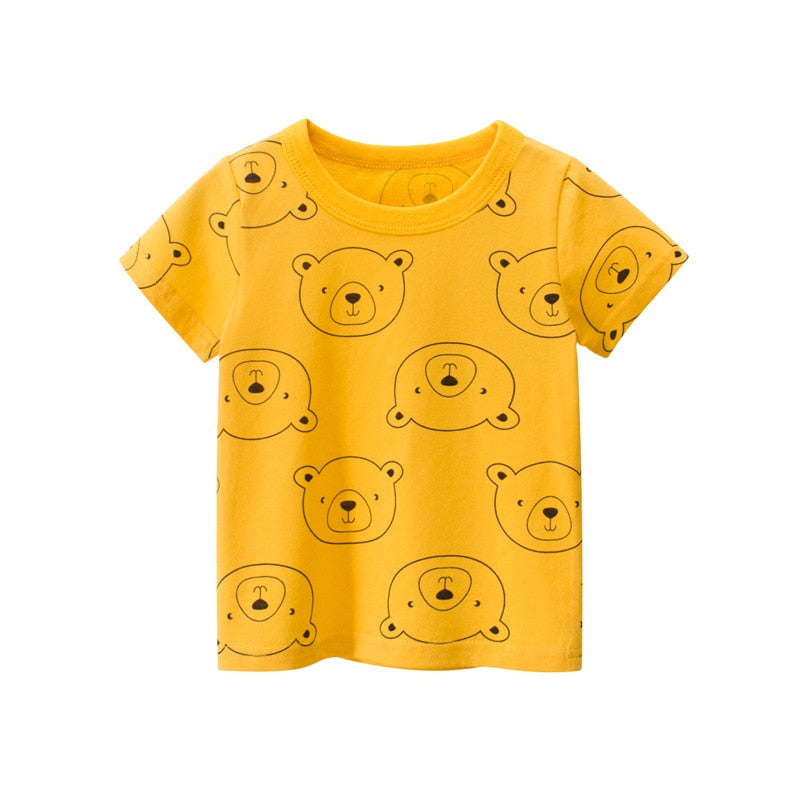 Kids Cartoon Print Short Sleeve Cotton T-shirt - Yellow, Pink, Grey.