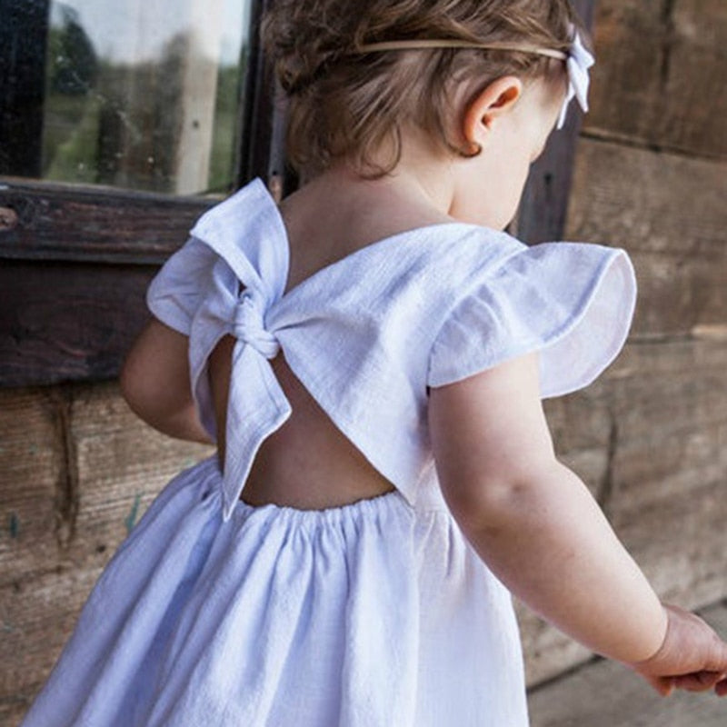Summer Baby Girls Flying Sleeve Cotton Linen Dress - White, Blue, Yellow, Green, Red, Beige.