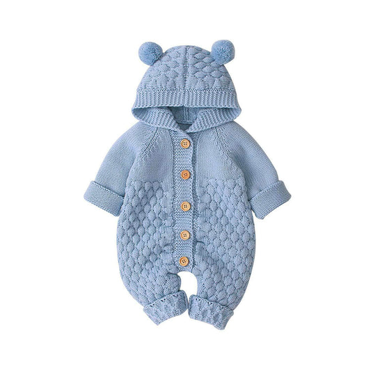 Newborn Baby Knitted Jumpsuit with a Hood - Blue, Grey