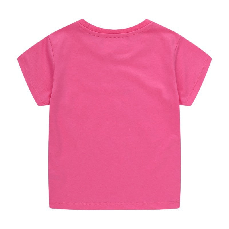 Girls Summer Short Sleeve Cotton T-shirt with Animals Embroidery - Bright Pink.