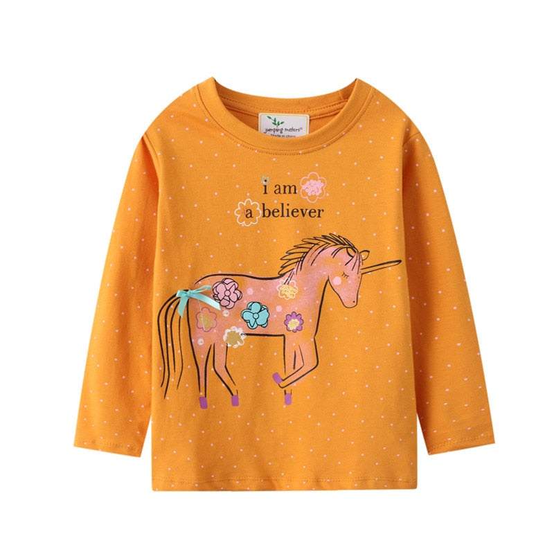 Girls Long Sleeve Cotton Embroidered Cartoon Unicorn Print Tops - Grey, Pink