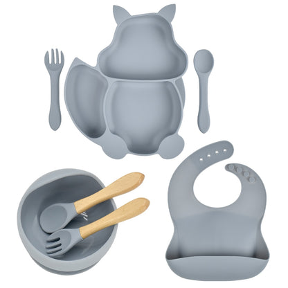 7 pcs/set Baby Silicone Suction Children's Tableware Set - Grey, Stone, Pink, Blue.