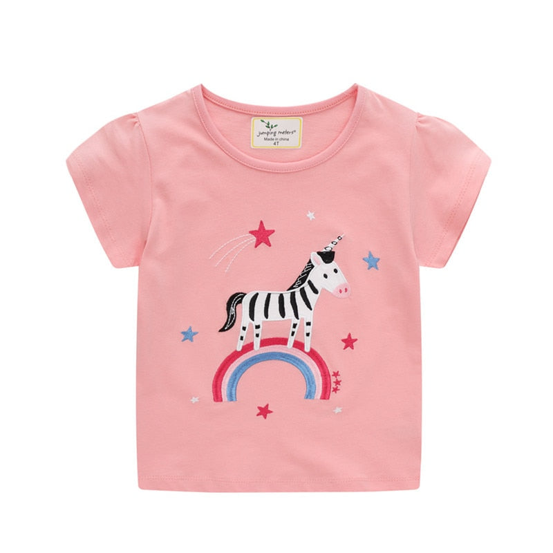 Girls Summer Short Sleeve Cotton T-shirt with Animals Embroidery - Pink.