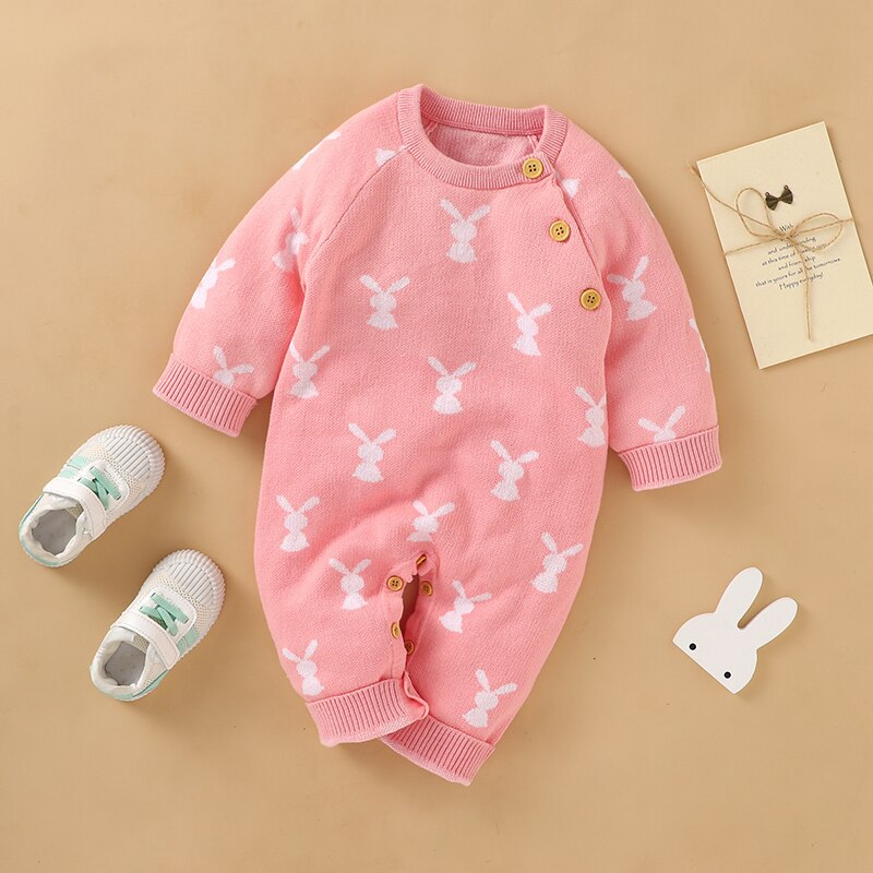Baby Girls Boys Cotton Cute Rabbit Knitted Long Sleeve Jumpsuit - Blue, Pink, Grey, Beige.