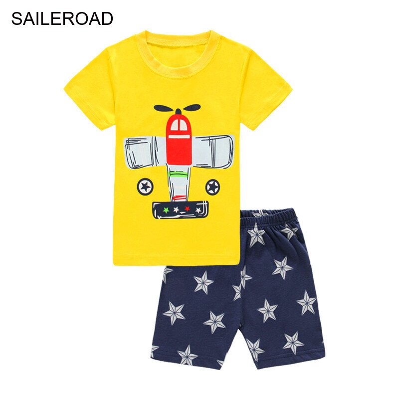 Summer Boys Cute Design Short Sleeve Pyjamas Set - Green, Yellow, White.