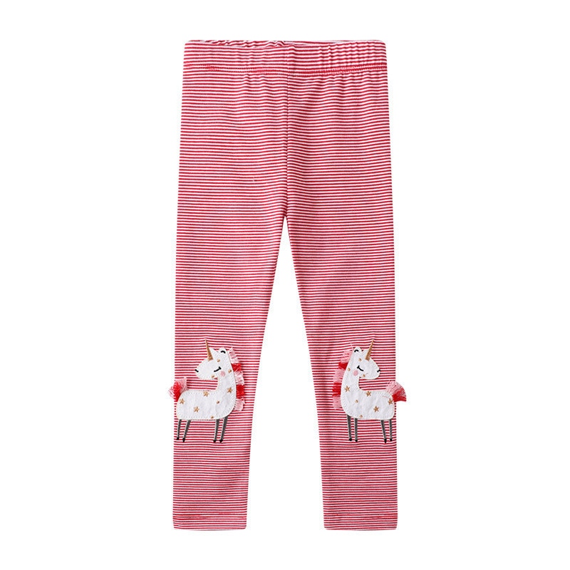 Girls Animal Printed Cotton Embroidered Skinny Leggings - White, Pink, Grey, Navy