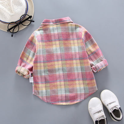 Baby Boys Thin Long Sleeve Cotton Check Shirts - Pink, Khaki.