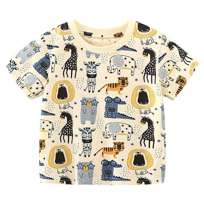 Boy's Short-Sleeved Cotton T-Shirt with Cartoon Animal Print