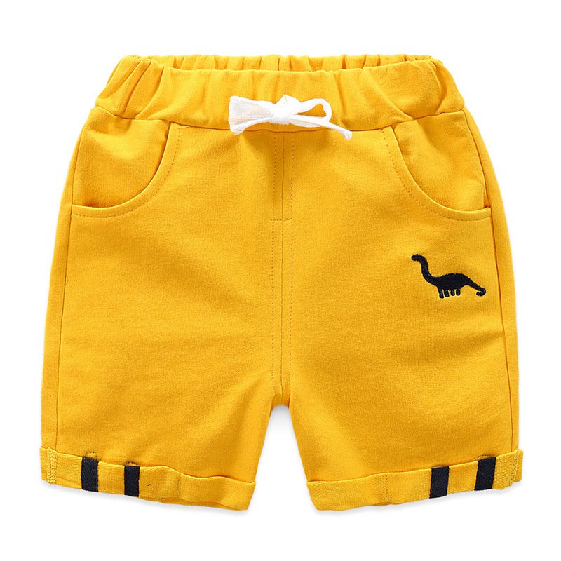 2022 Summer Boys Girls Dinosaur Print Mid Waist Cotton Shorts - Beige, Yellow, Red.