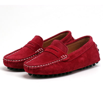 Genuine Leather Kids Casual Walking Moccasins - Red, Black.