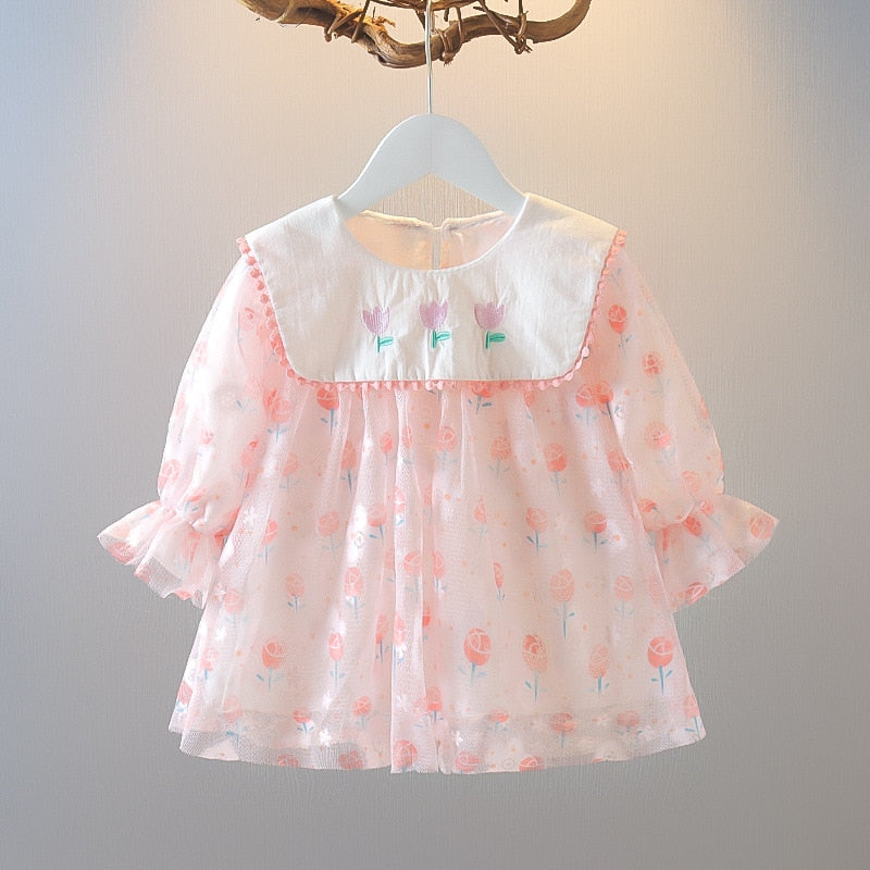 Newborn Baby Girl Flower Print Long Sleeve Princess Dress - Pink, Orange.