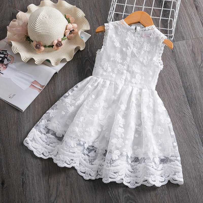 Baby Girls Sleeveless Lace Dress with Flower Pattern - Red, White.