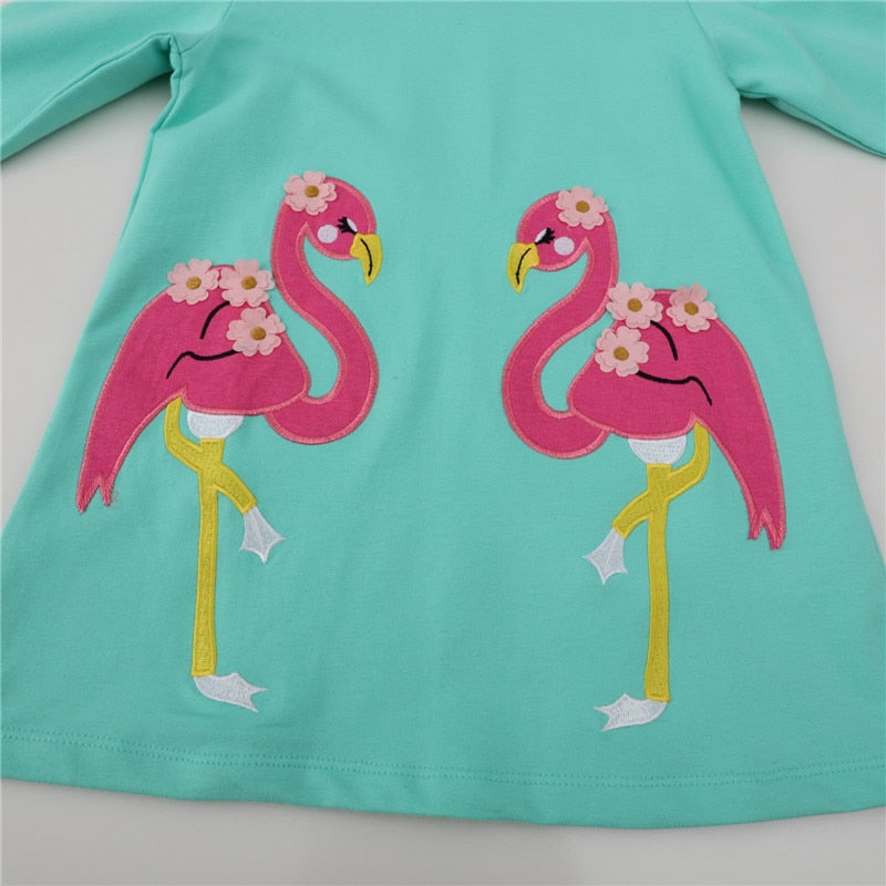 Girls Hooded Sweatshirt Cotton Dresses - Floral, Flamingos Applique.