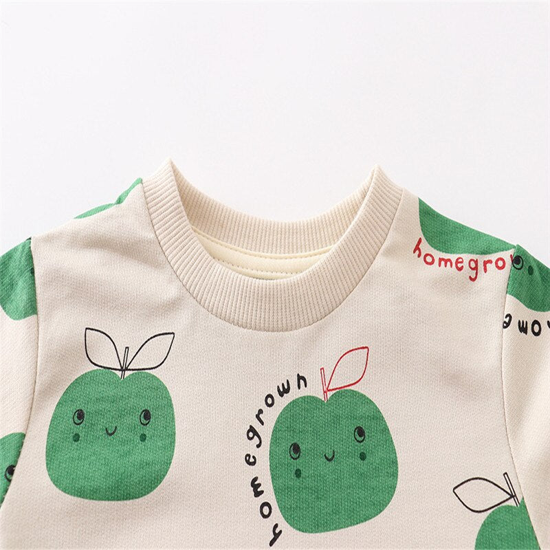 Children's Cartoon Elephant Print Long Sleeve Cotton Sweatshirt - Green Apples.