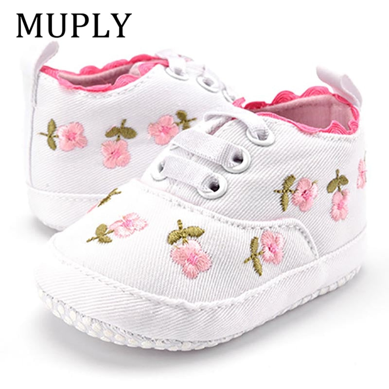 Lace Soft Shoes with Non-Slip Soles and Floral Embroidery for Baby Girls