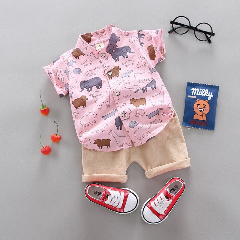2pcs Baby Boys Cotton Summer Clothing Set of Shirt & Shorts - Pink, Grey, Yellow.