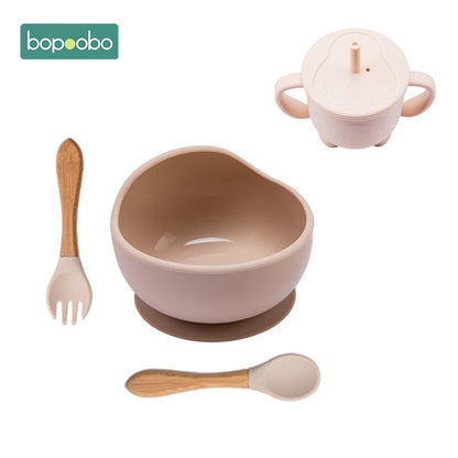 4 pcs/set Baby Silicone Feeding Set Non-Slip Waterproof Suction Bowl Wood Fork Spoon