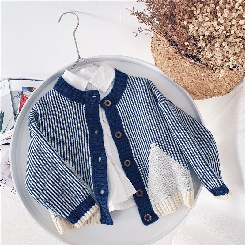 Boys Knitted Striped Cardigan - Blue & White.