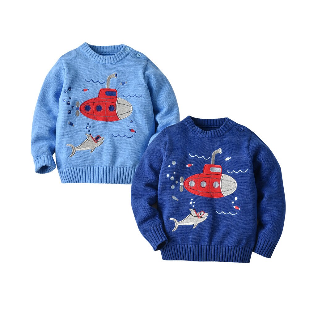 Kids Cartoon Submarine Cotton Knitted Pullover - Blue, Sky Blue.