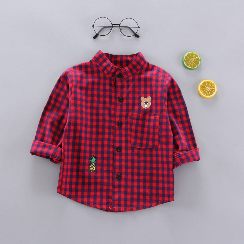 Baby Boys Thin Long Sleeve Cotton Check Shirts - Black, Red, Beige.