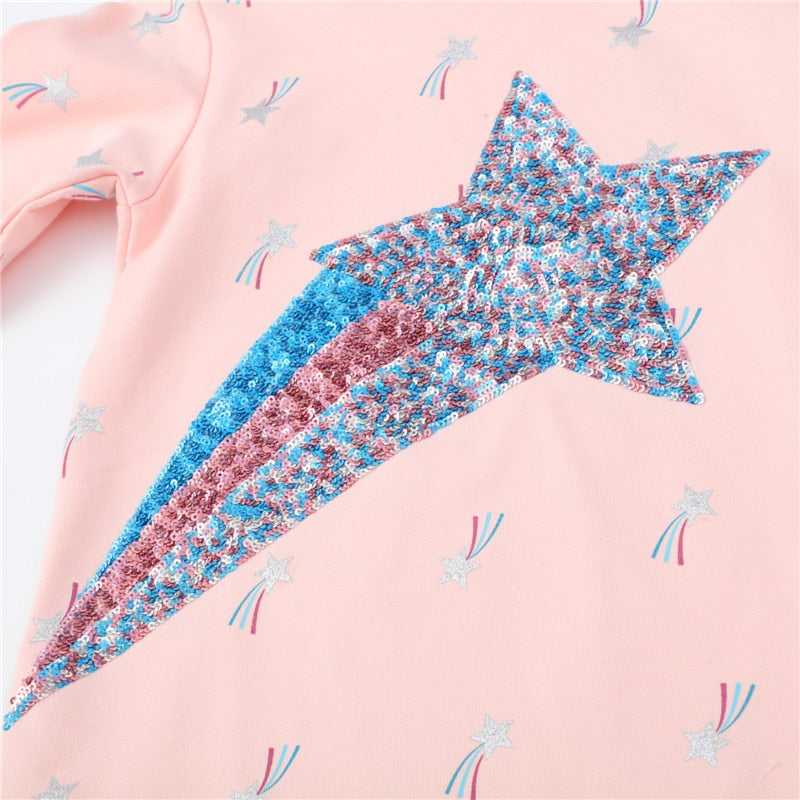 Star Beading Princess Mermaid Dinosaur Print Girls Cotton Dresses - Pink, Blue.