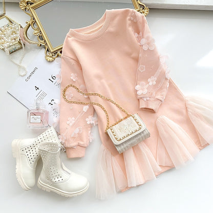 Girls Fashion Cotton Dress with Lace Flower - Peach.