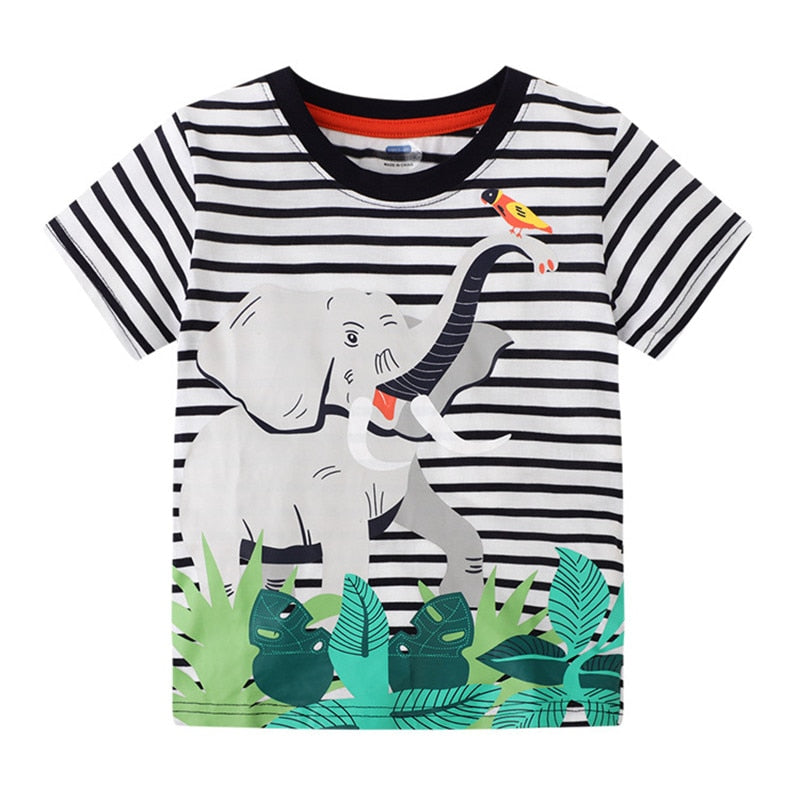 Summer Boys Elephant Print Striped Cotton T-shirt - White, Black.