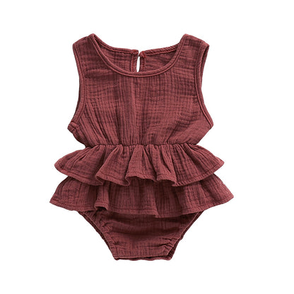 Baby Girl Summer Solid Ruffles Sleeveless Cotton Linen Sunsuit - Purplish Grey, Pink, White, Yellow, Purplish Red, Brick Red