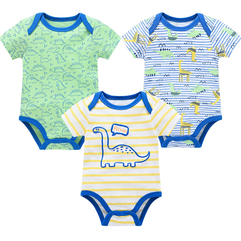 3 pcs/pack Baby Girls Boys Short Sleeve Cartoon Print Cotton Bodysuits - Blue, White, Pink, Green, Yellow