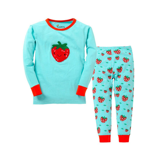 Cute Girl's Strawberry Print Pyjama - Bright Blue, Red.