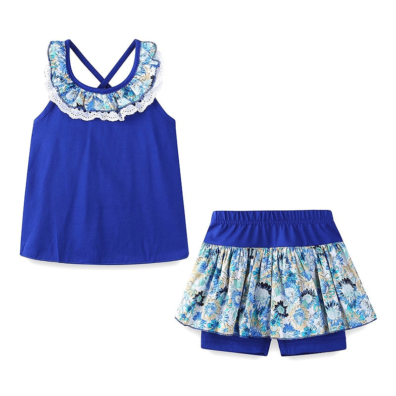 Floral Summer Girls Backless Cold Shoulder Outfit of Top and Skirted Short - Coffee, Blue, Yellow
