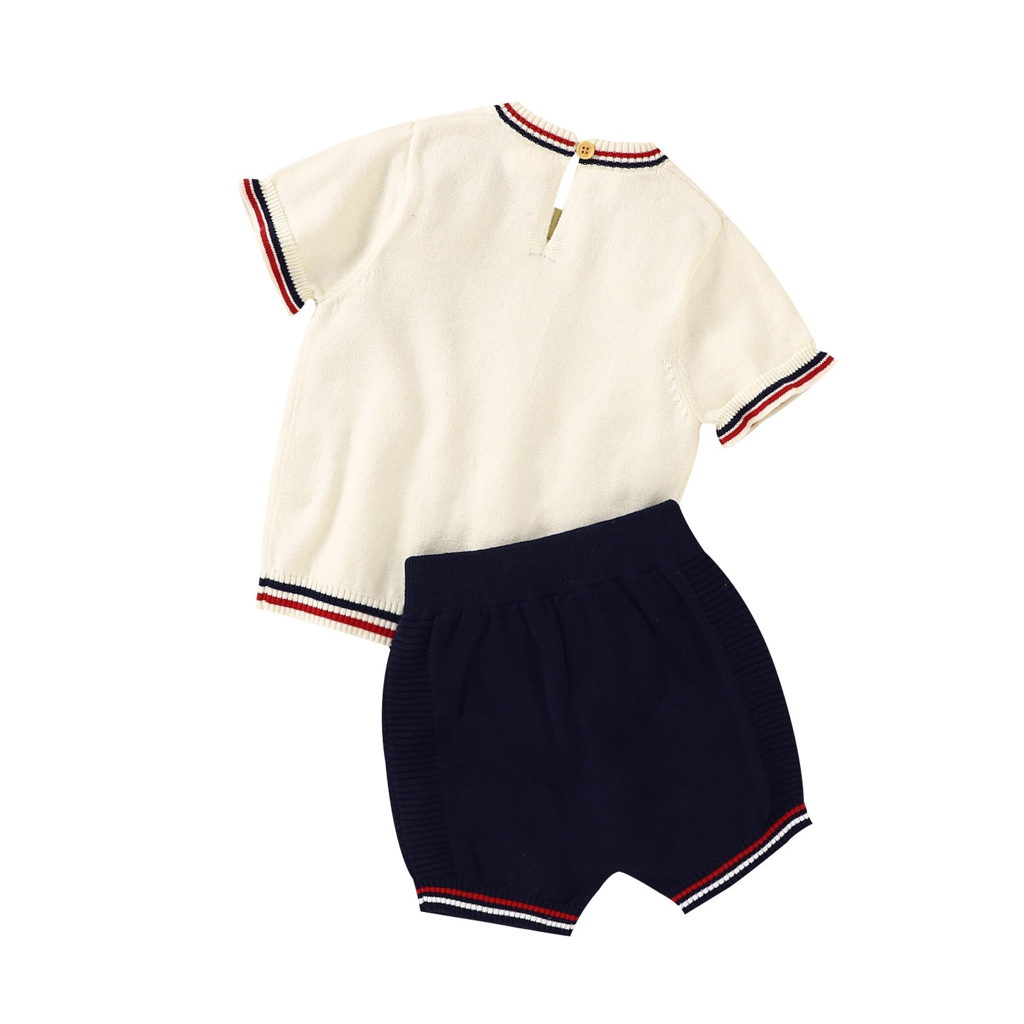 Baby Boys Girls Summer 2pcs Short Sleeve Cotton Outfit, Top + Shorts - Cream, Navy.