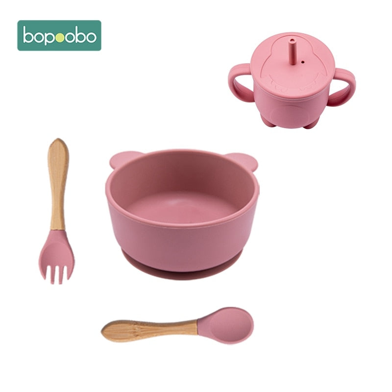 4 pcs/set Baby Silicone Feeding Set Non-Slip Waterproof Suction Bowl Wood Fork Spoon