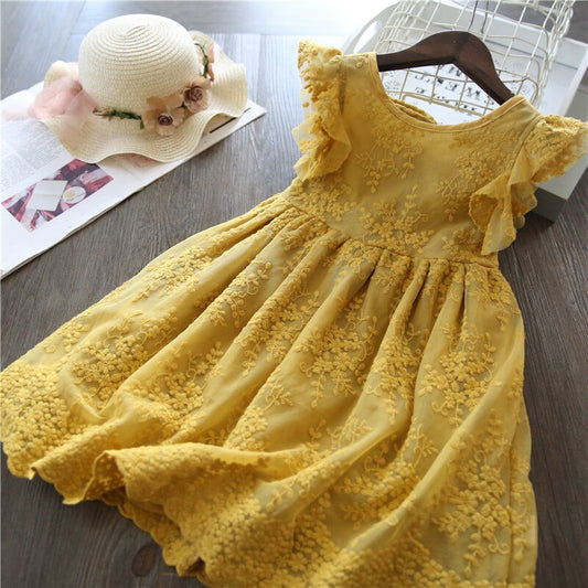 Baby Girls Sleeveless Lace Dress with Flower Pattern - Yellow, White.