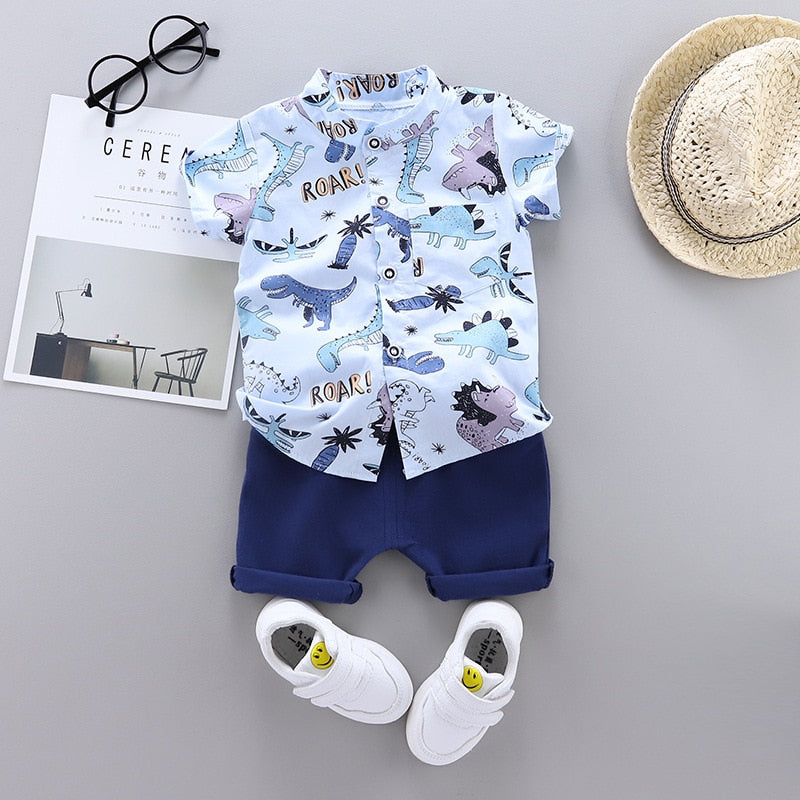 2pcs Baby Boys Cotton Summer Clothing Set of Shirt & Shorts - Blue, Yellow, Navy.