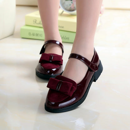 Patent Leather Shoes with Bow on Flat Sole - Wine Red, Black, Red.