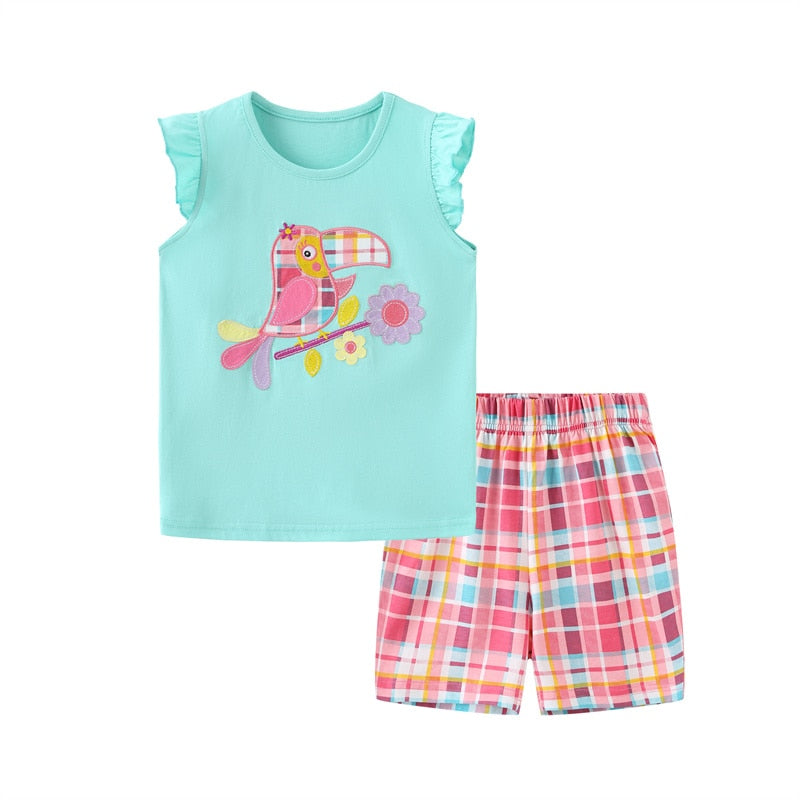 Summer 2pcs Cartoon Animal Print Baby Girls Clothing Sets - Menthol