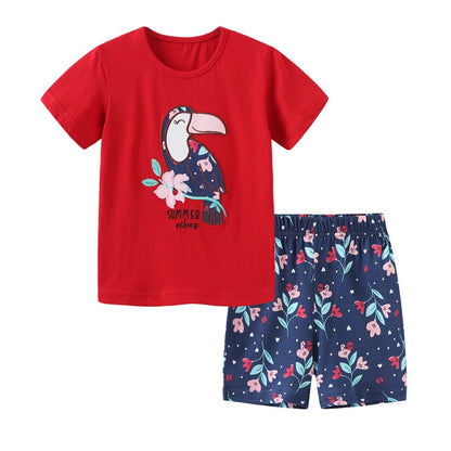 Girls Cartoon Parrot Print Clothing Set, 2 pcs - Red