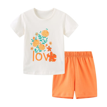 Summer Cartoon Animal Print Baby Girls Clothing Set of 2pcs - Orange