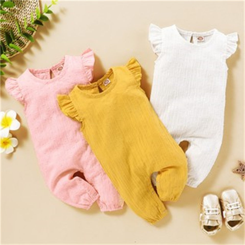 Baby Girl Ruffle Sleeve Cotton Jumpsuit - Pink, Yellow, White