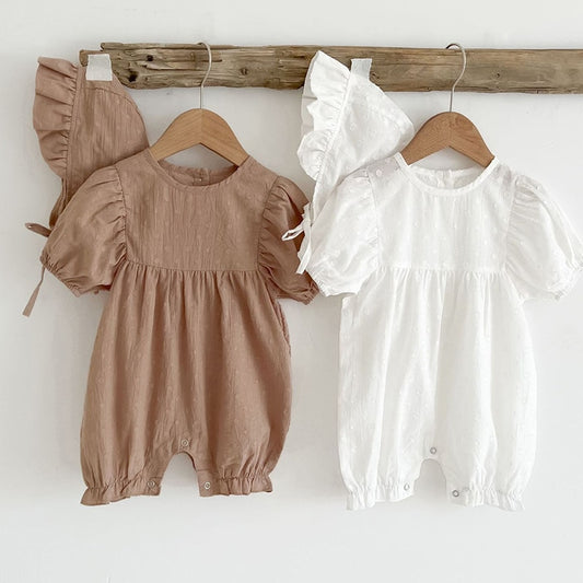 Short Sleeve Cotton Solid Color Jumpsuit + Hat for Baby Girls