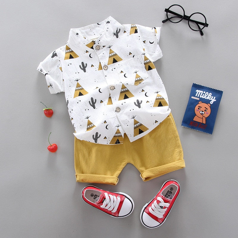 2pcs Baby Boys Cotton Summer Clothing Set of Shirt & Shorts - Blue, Yellow, Navy.