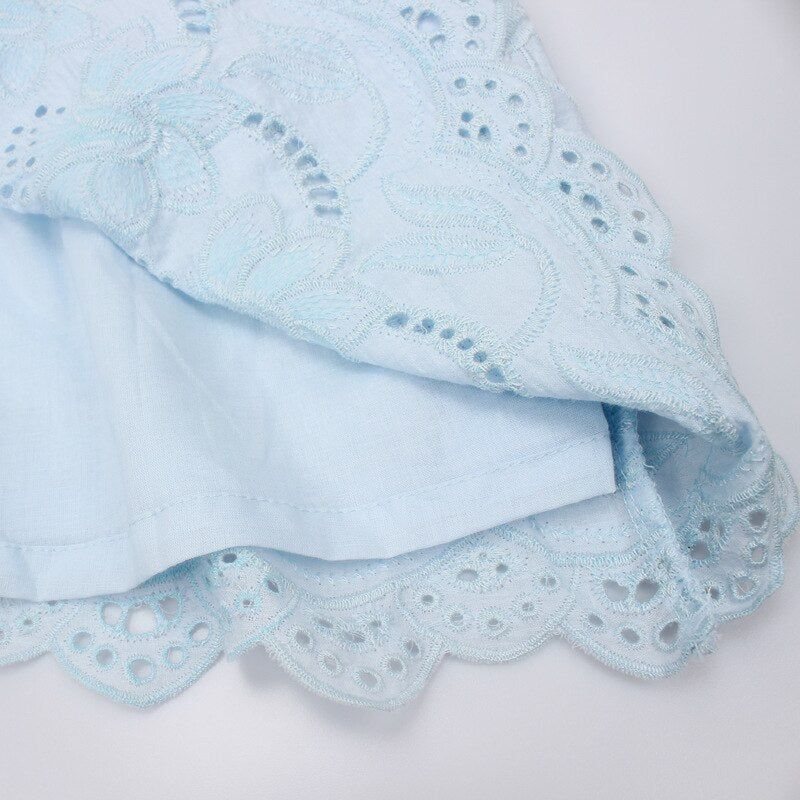 Girls Summer Cute Off Back Ruffles Embroidery Sleeveless Cotton Dress - Blue.