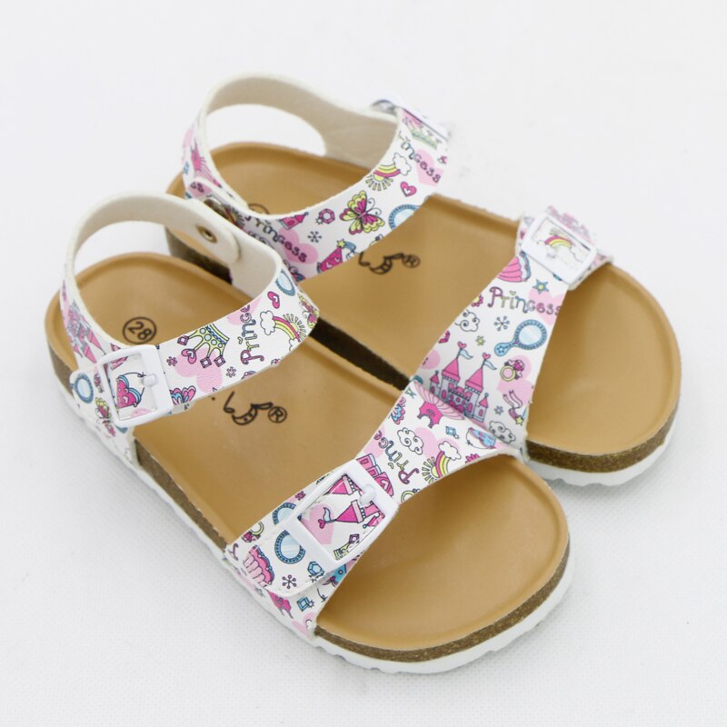 Girls' Summer Floral Print Cork Outsole Faux Leather Sandals - White, Beige.