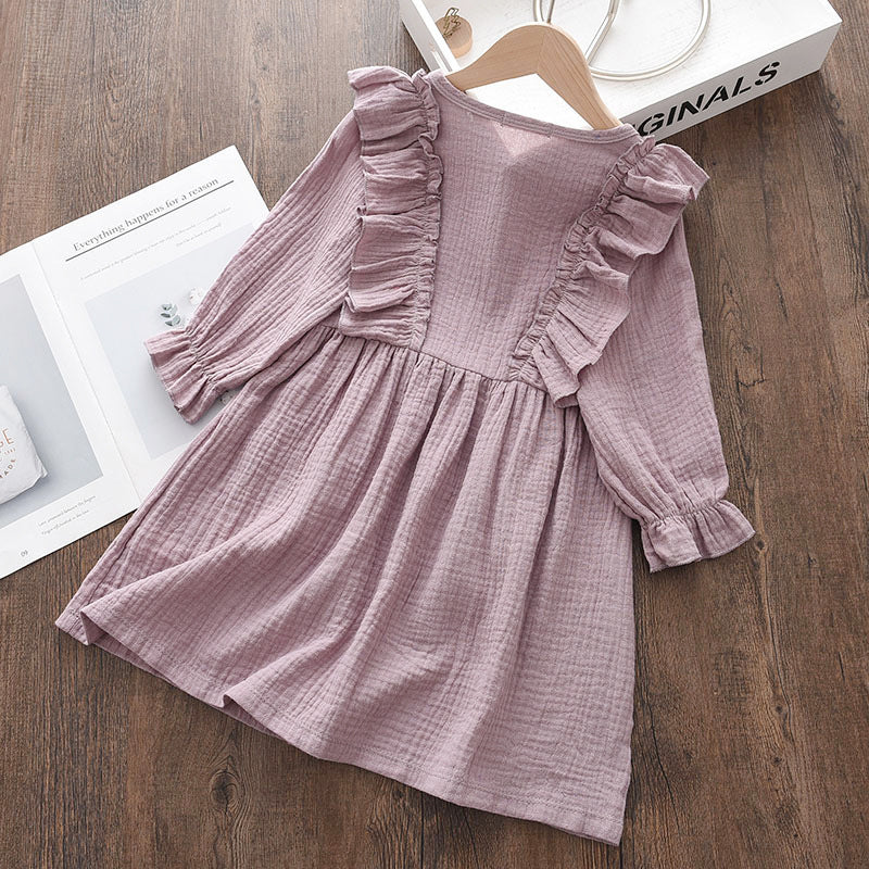 Baby Girls Summer Ruffles Long Sleeve Solid Cotton Linen Dress - Purple, White, Yellow.