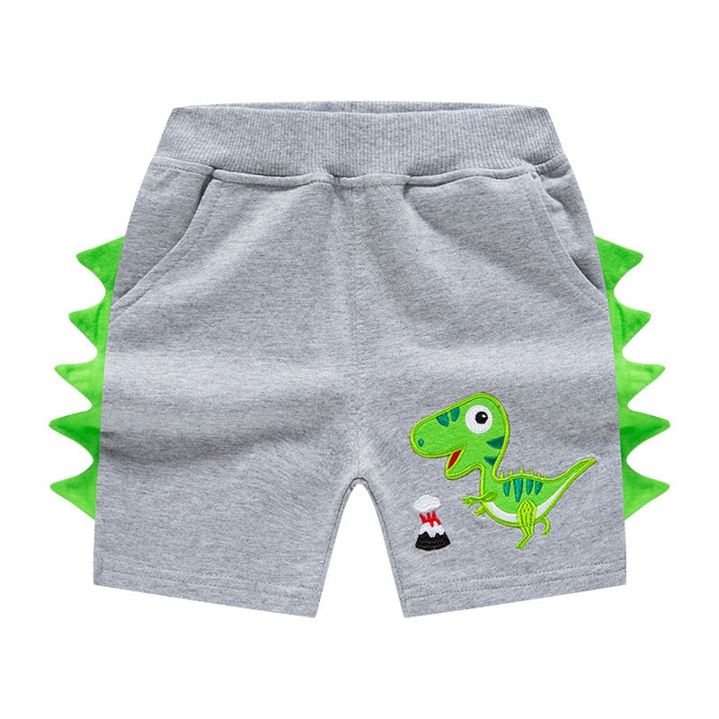 2022 Summer Boys Cartoon Dinosaur Embroidery Shorts - Blue, Grey, Black, Beige.