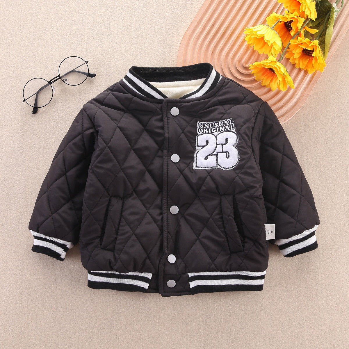 Warm Thick Baseball Jacket for Little Boys and Girls - Black, White, Beige