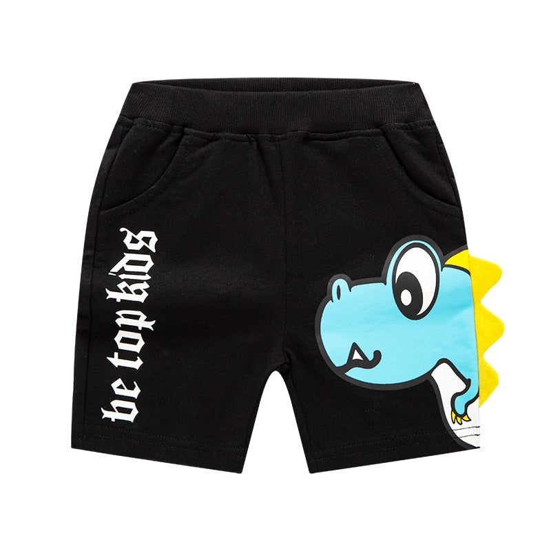2022 Summer Boys Cartoon Dinosaur Embroidery Shorts - Blue, Navy, Grey, Black.