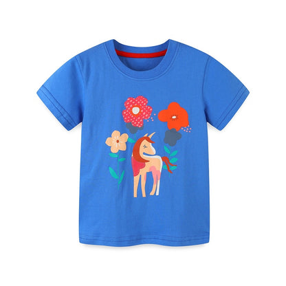 Short-Sleeved Cotton T-Shirt with Appliqué for Girls - Blue