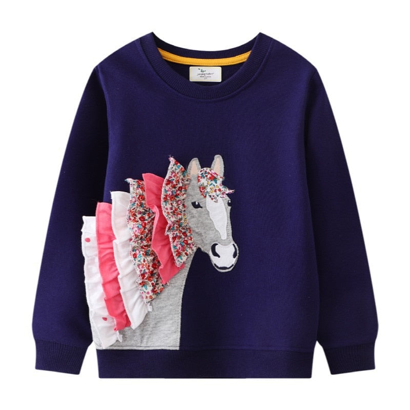Girls Horse Applique Long Sleeve Cotton Sweatshirt - Navy